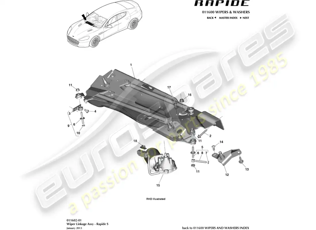 aston martin rapide (2012) varillaje del limpiaparabrisas, s diagrama de piezas