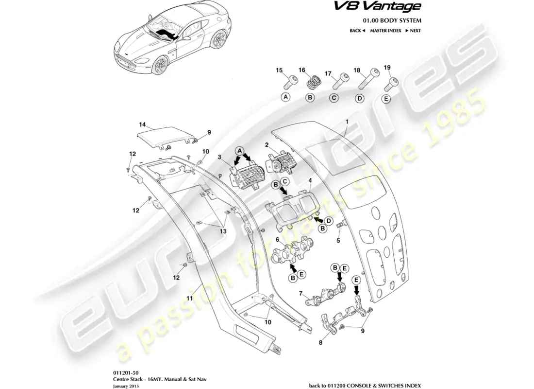 aston martin v8 vantage (2008) consola central, manual, diagrama de piezas 16my