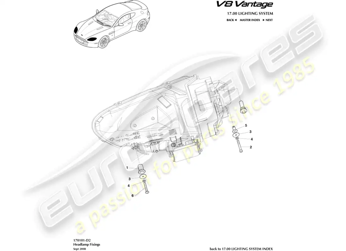 aston martin v8 vantage (2008) diagrama de piezas de fijaciones de faros