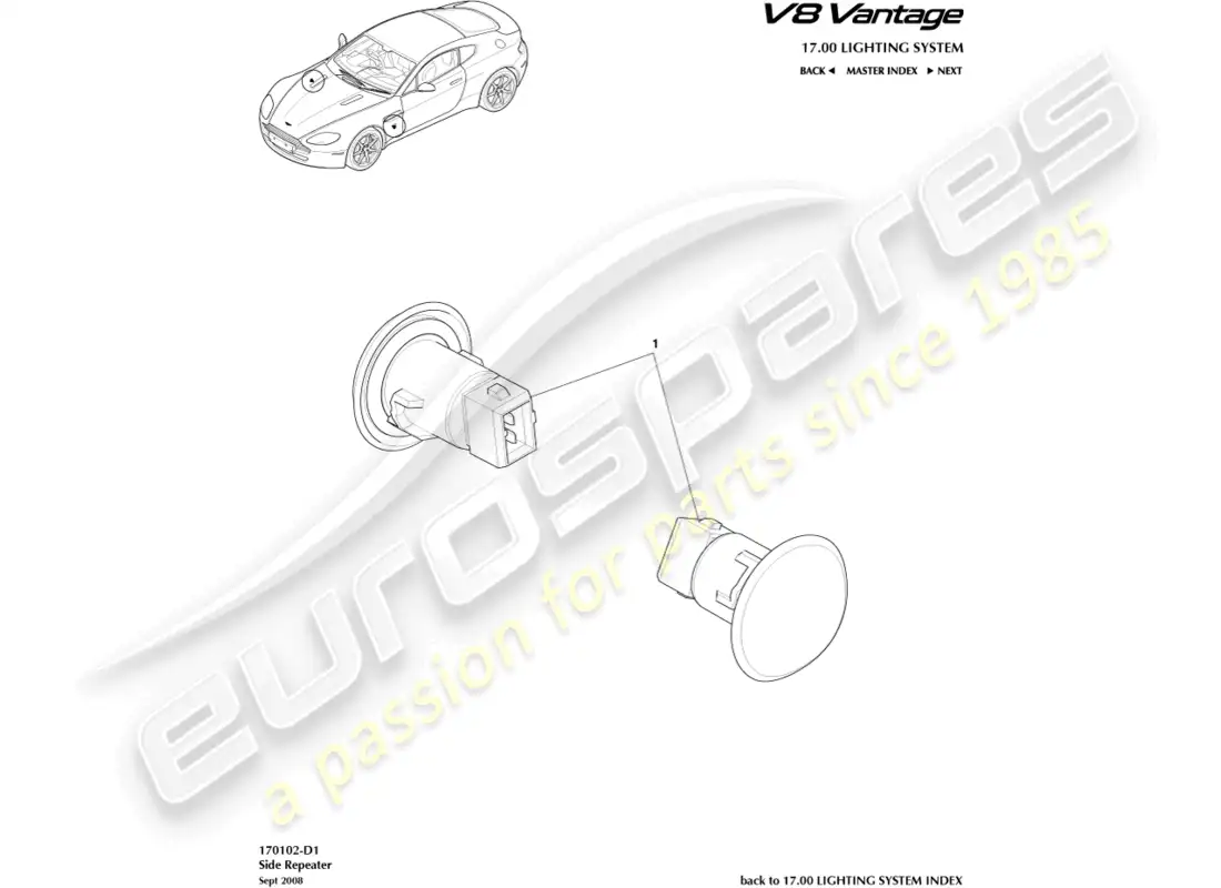 aston martin v8 vantage (2008) diagrama de piezas de repetidores laterales