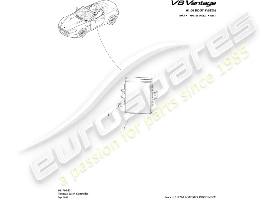 aston martin v8 vantage (2008) diagrama de piezas del controlador tonneau latch