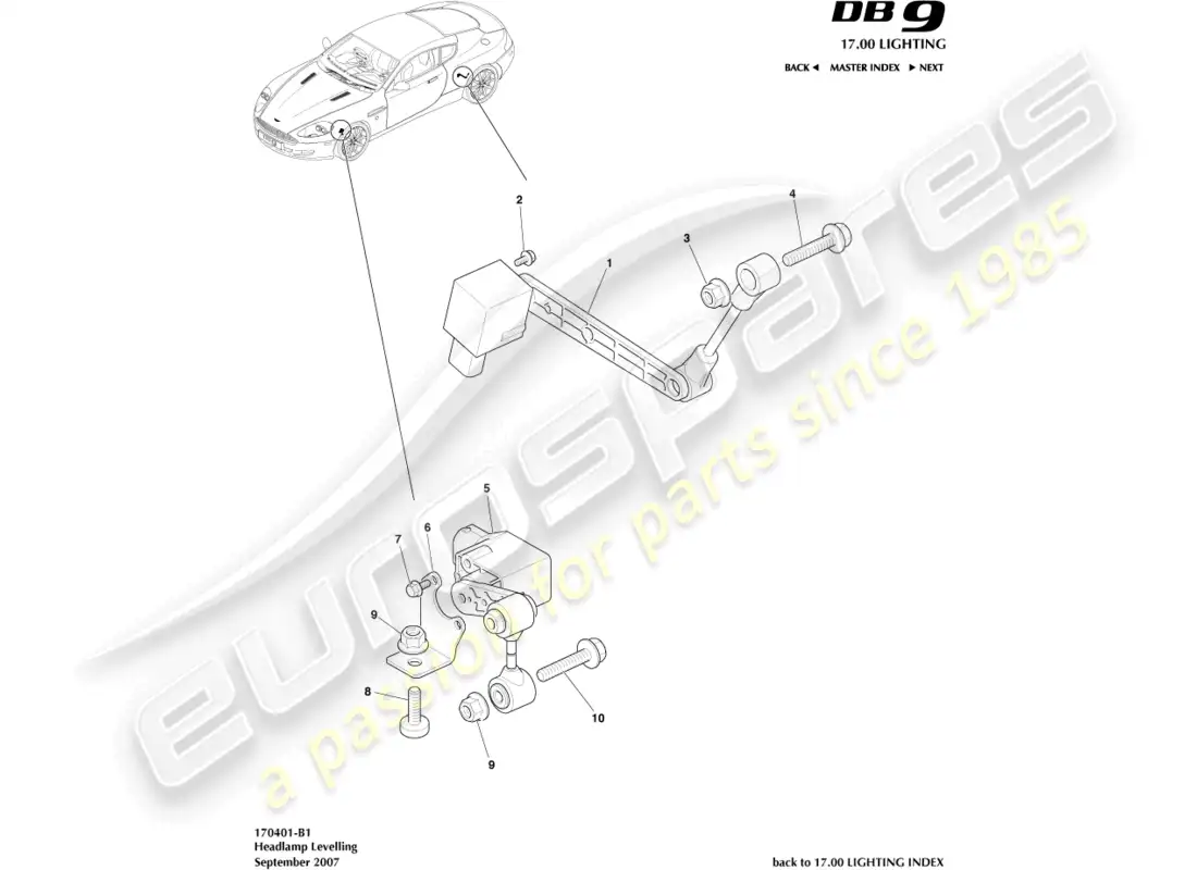 aston martin db9 (2010) nivelación de faros diagrama de piezas