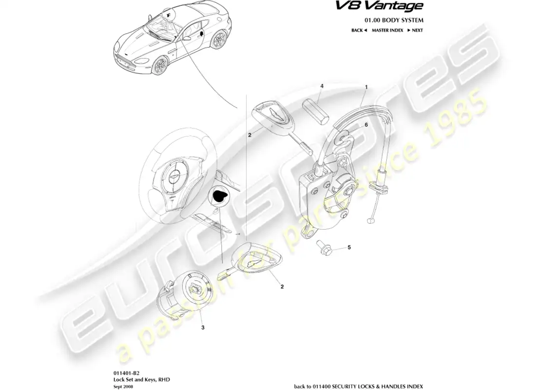 aston martin v8 vantage (2008) juego de cerradura y llaves, diagrama de piezas del volante a la derecha