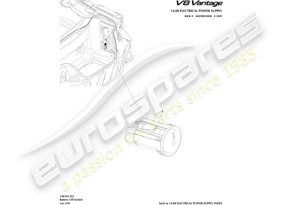 aston martin v8 vantage (2008) diagrama de piezas del interruptor de apagado de batería