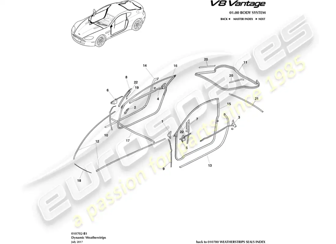 aston martin v8 vantage (2008) burletes dinámicos, diagrama de piezas del cupé