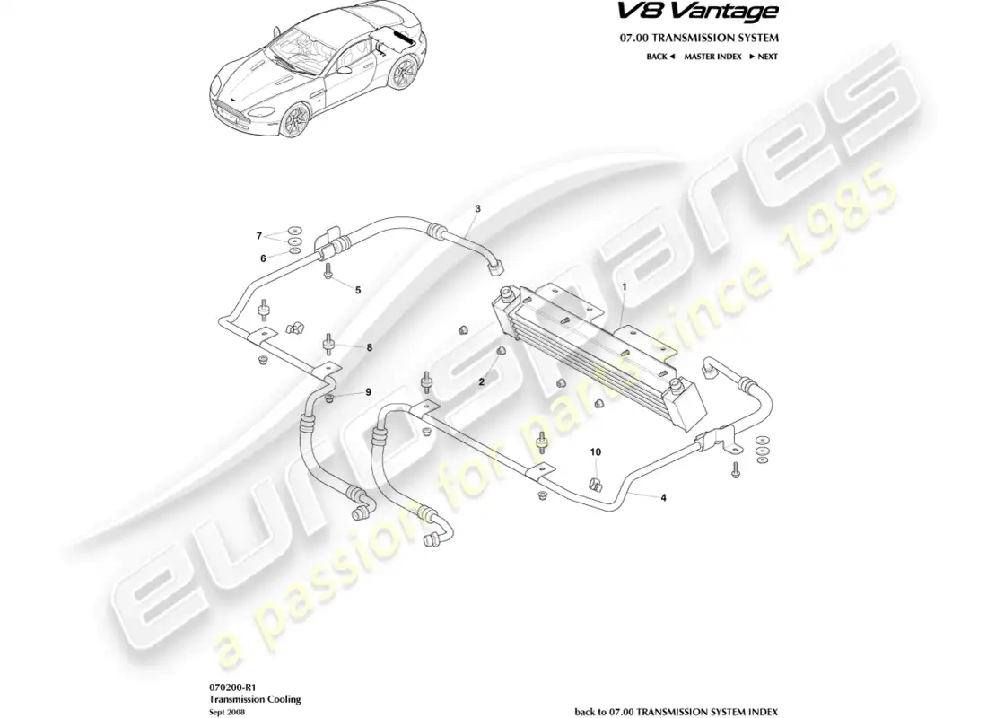aston martin v8 vantage (2008) diagrama de piezas del enfriador de transmisión