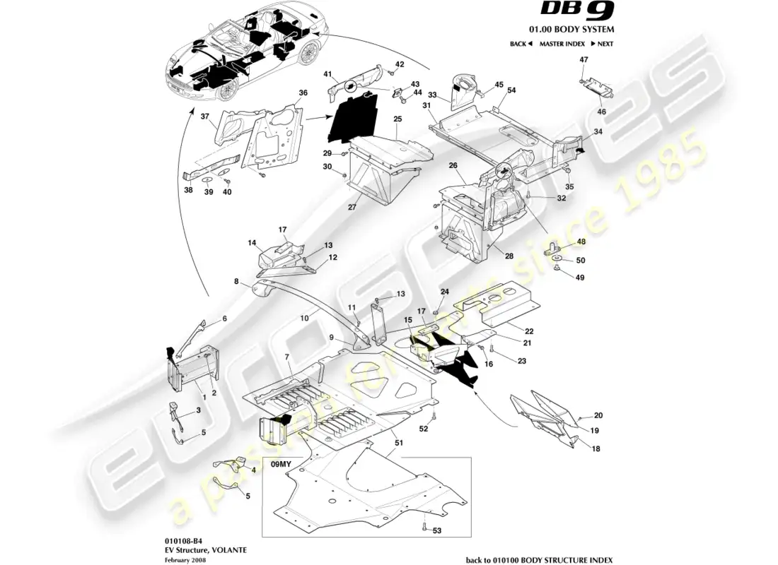 aston martin db9 (2009) estructura ev, volante diagrama de piezas