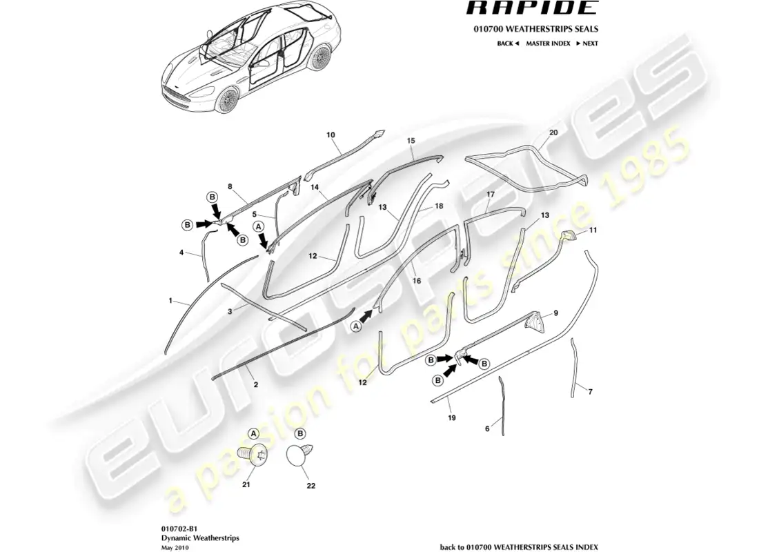 aston martin rapide (2014) burletes dinámicos diagrama de piezas