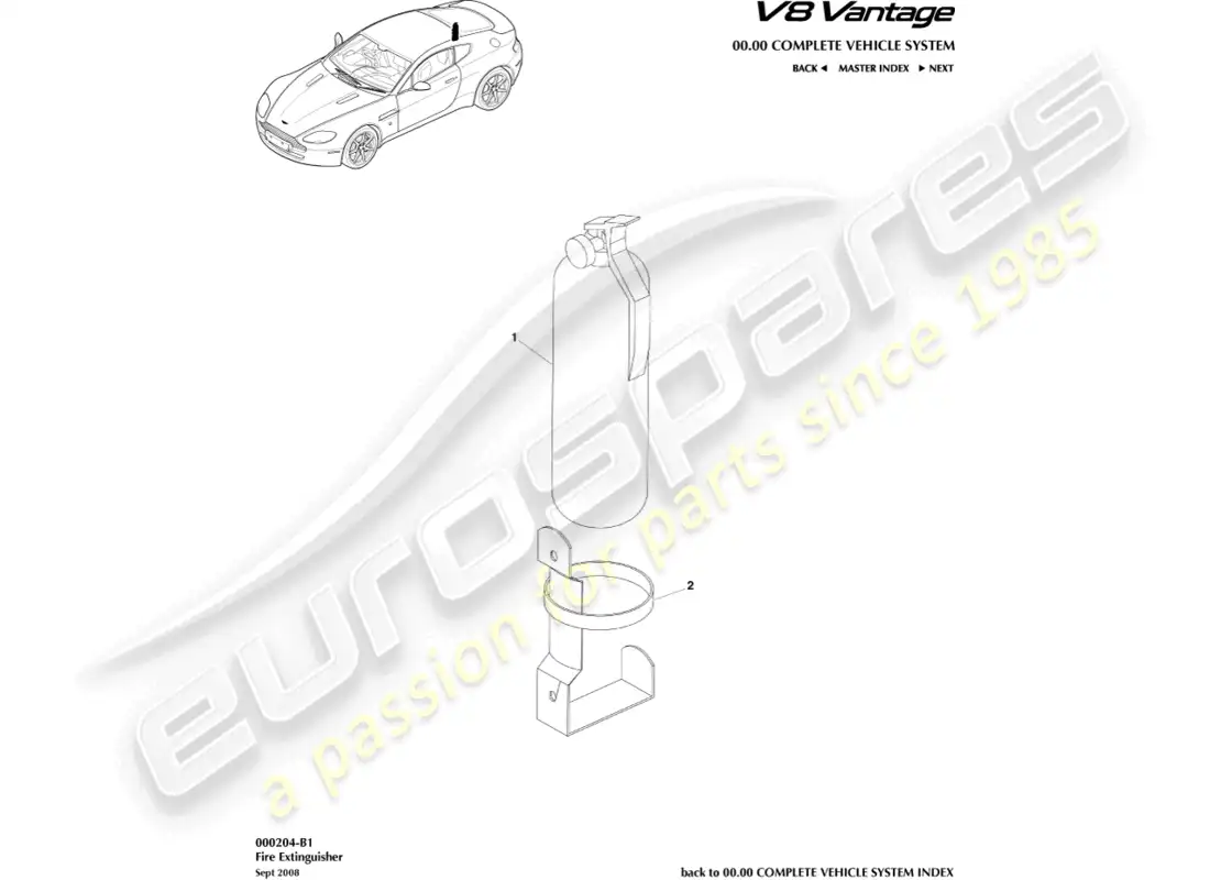aston martin v8 vantage (2008) diagrama de piezas del extintor de incendios