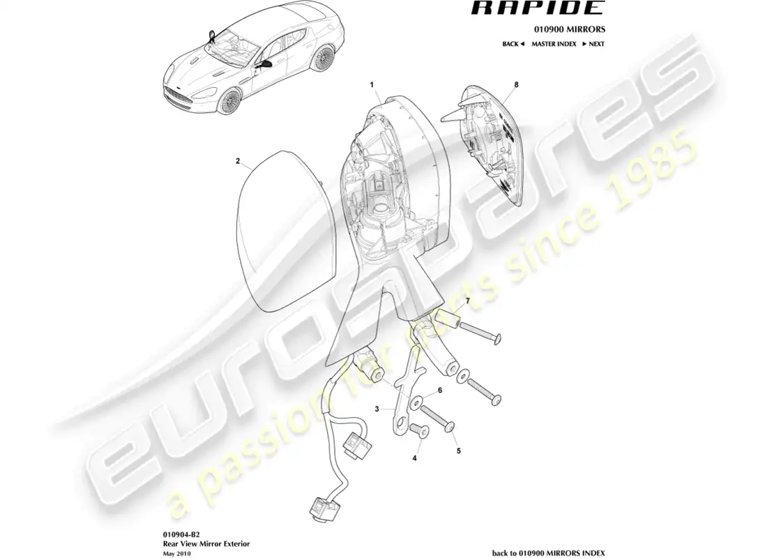 aston martin rapide (2012) espejos retrovisores exteriores diagrama de piezas