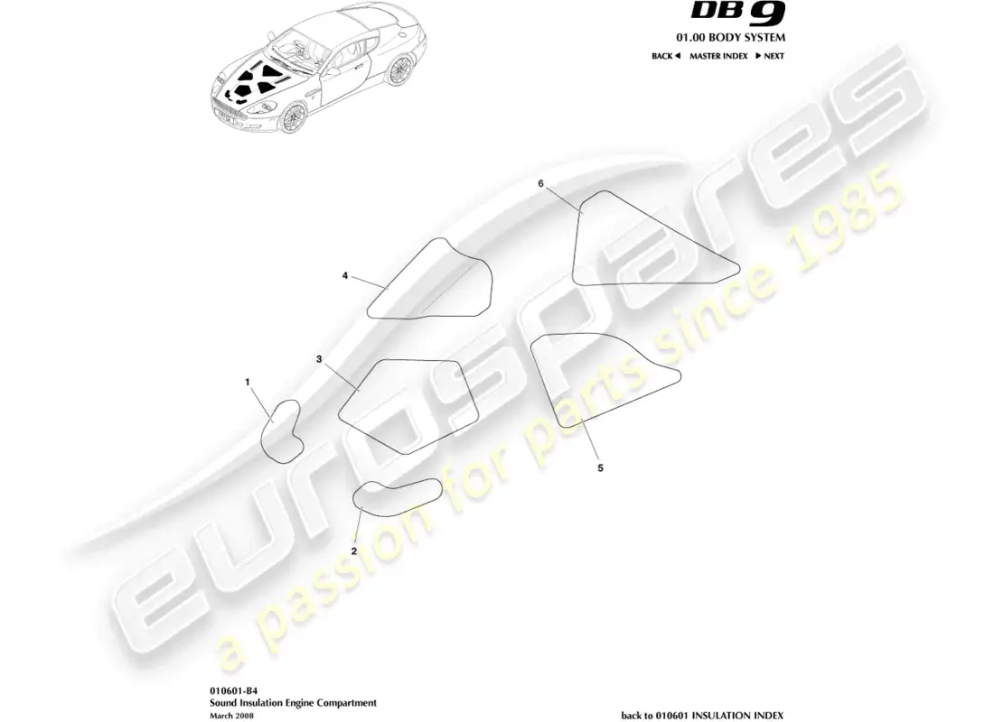 aston martin db9 (2006) aislamiento acústico, compensación del motor. diagrama de piezas
