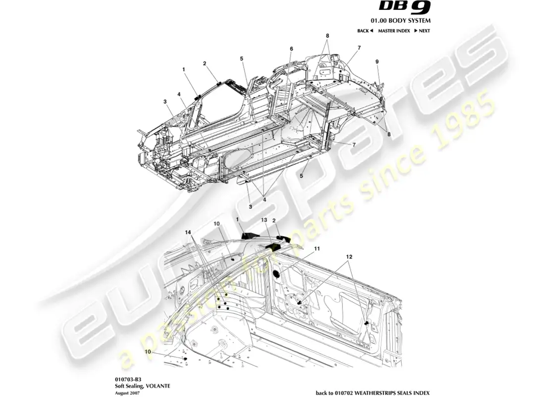 aston martin db9 (2007) sellado suave, volante diagrama de piezas