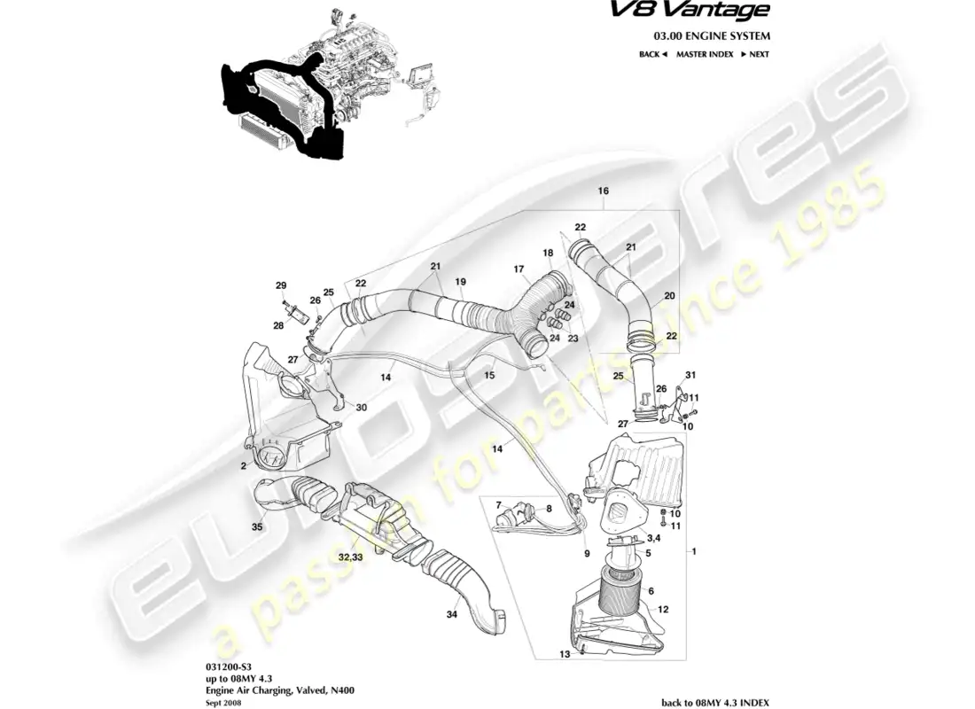 aston martin v8 vantage (2008) carga de aire, n400 diagrama de piezas
