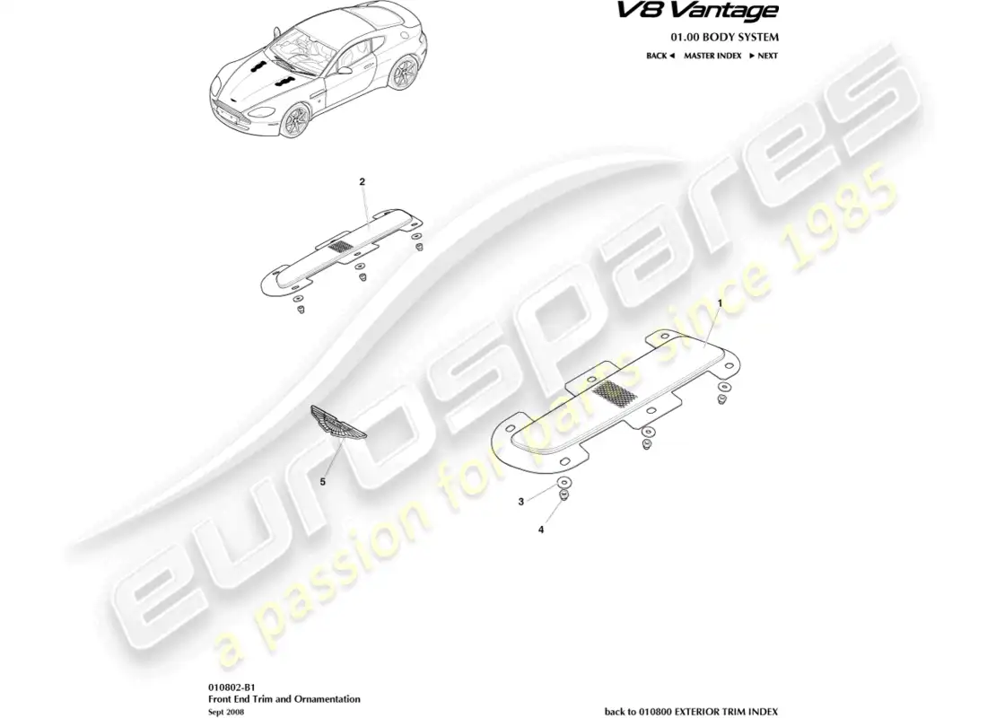 aston martin v8 vantage (2008) diagrama de piezas de moldura frontal