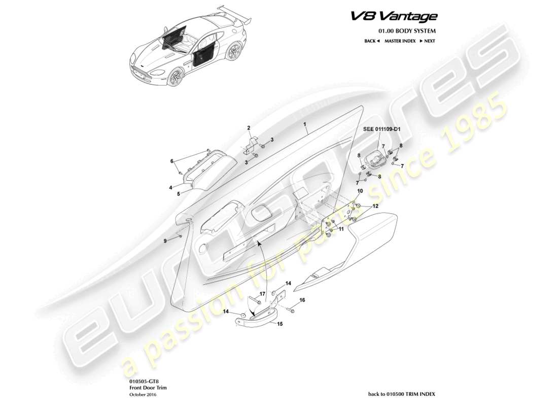 aston martin v8 vantage (2012) adorno de puerta, diagrama de pieza gt8