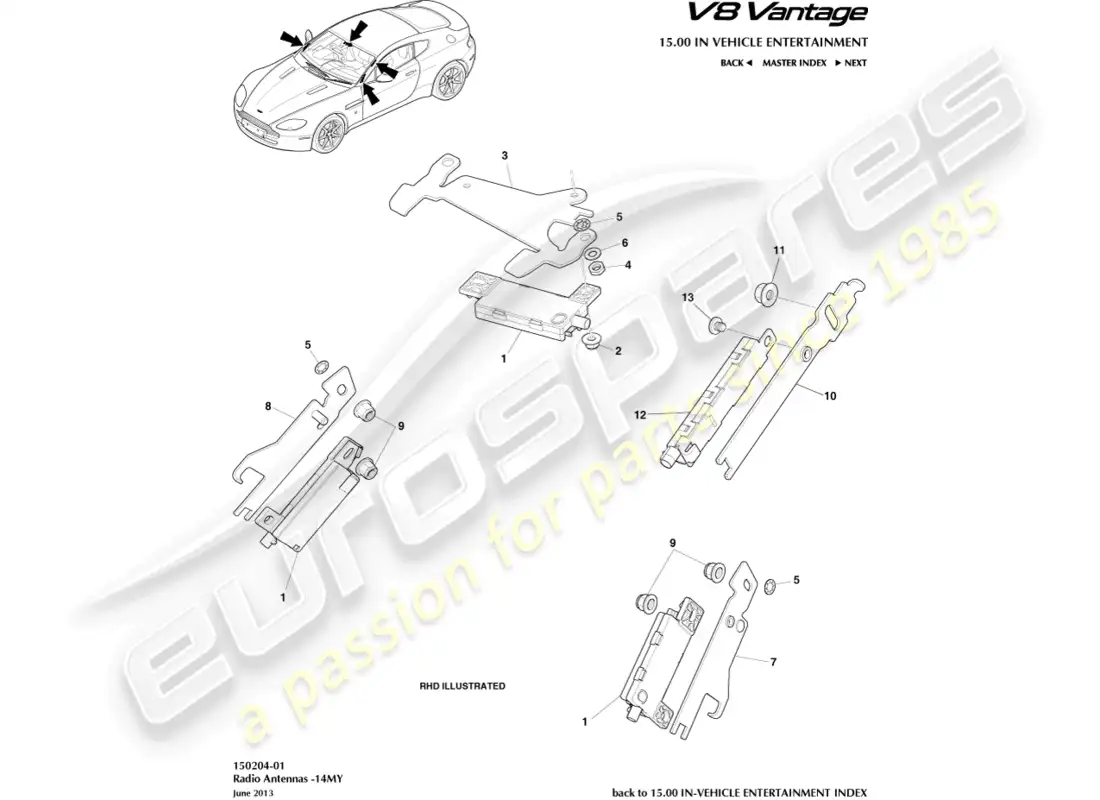 aston martin v8 vantage (2008) antena de radio, diagrama de pieza 14my