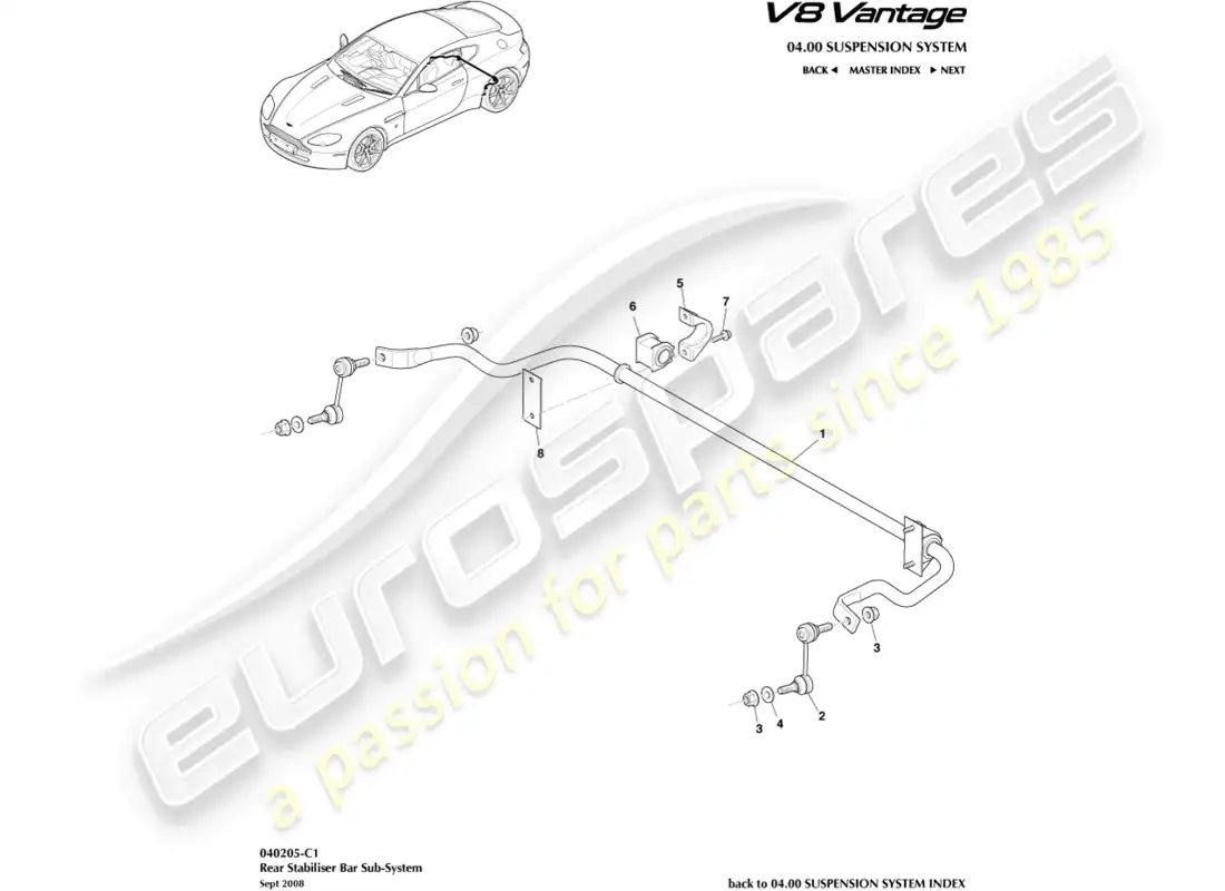 aston martin v8 vantage (2008) diagrama de piezas de la barra estabilizadora trasera