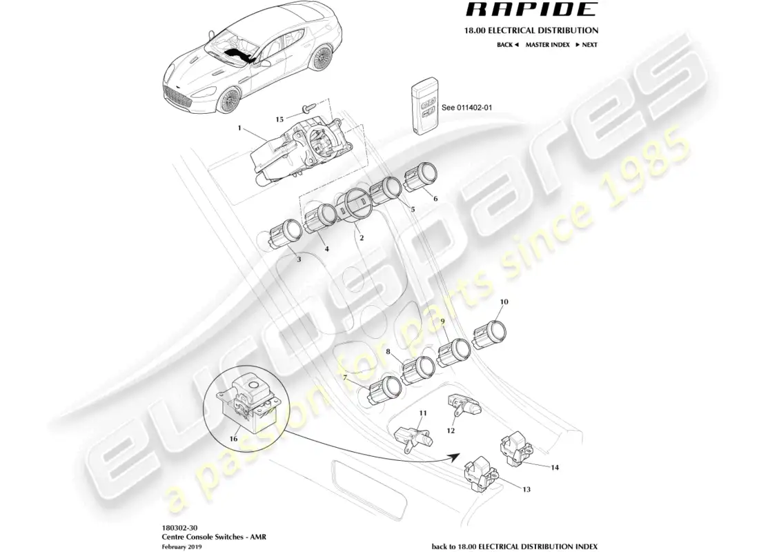 aston martin rapide (2012) interruptores de consola central, amr diagrama de piezas