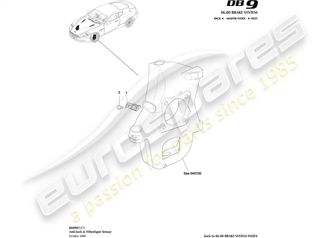 aston martin db9 (2006) sensor de giro de rueda y antibloqueo diagrama de piezas
