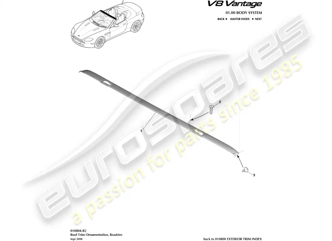 aston martin v8 vantage (2008) adorno de techo, diagrama de piezas del roadster