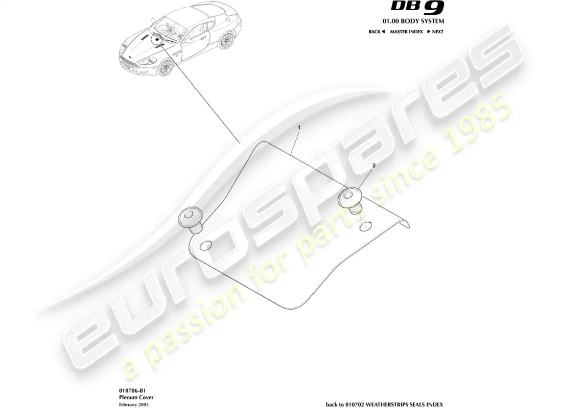 aston martin db9 (2007) cubierta del pleno diagrama de piezas
