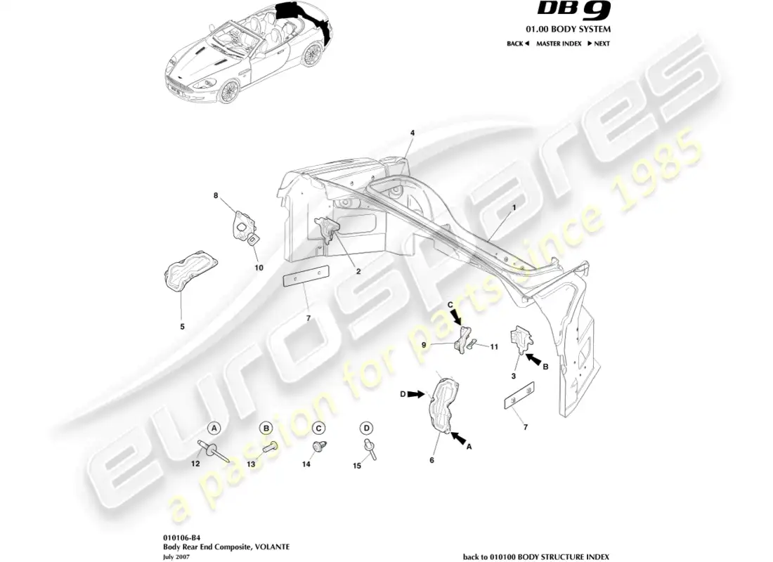 aston martin db9 (2009) carrocería trasera compuesta, volante diagrama de piezas