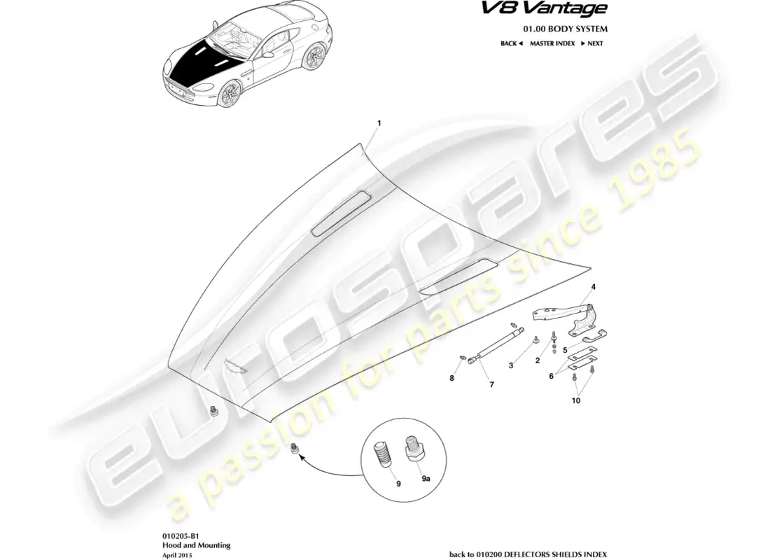 aston martin v8 vantage (2008) diagrama de capó y piezas de montaje