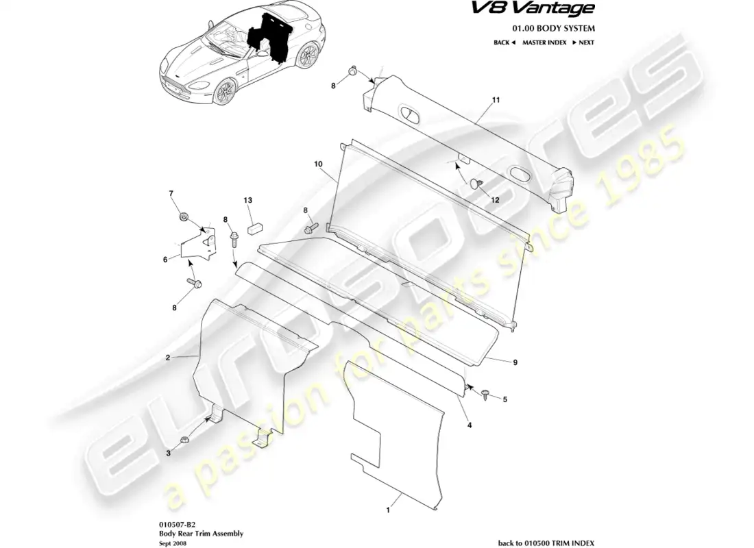 aston martin v8 vantage (2008) embellecedor del extremo trasero, diagrama de piezas del cupé