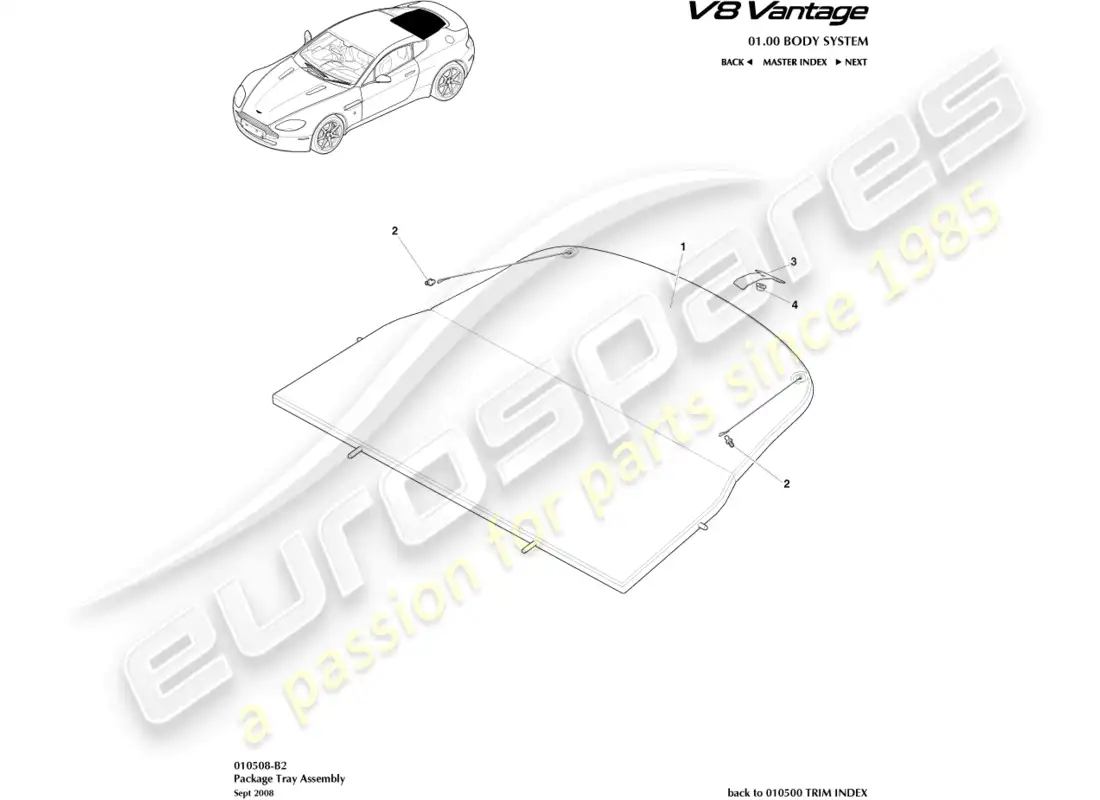 aston martin v8 vantage (2008) diagrama de piezas del conjunto de la bandeja del paquete