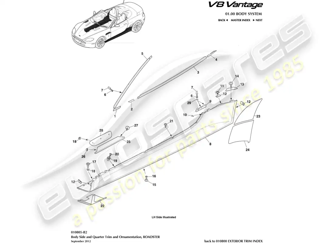 aston martin v8 vantage (2008) adornos laterales y laterales de la carrocería, diagrama de piezas del roadster