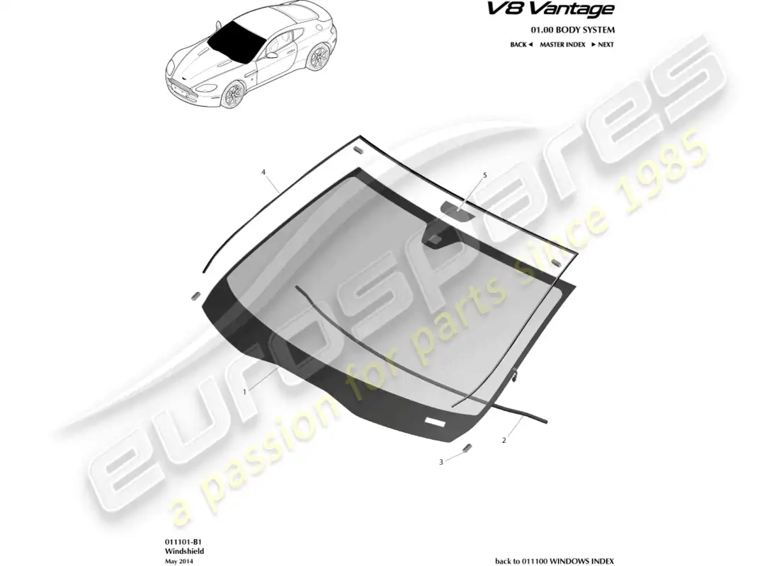 aston martin v8 vantage (2008) diagrama de piezas del parabrisas