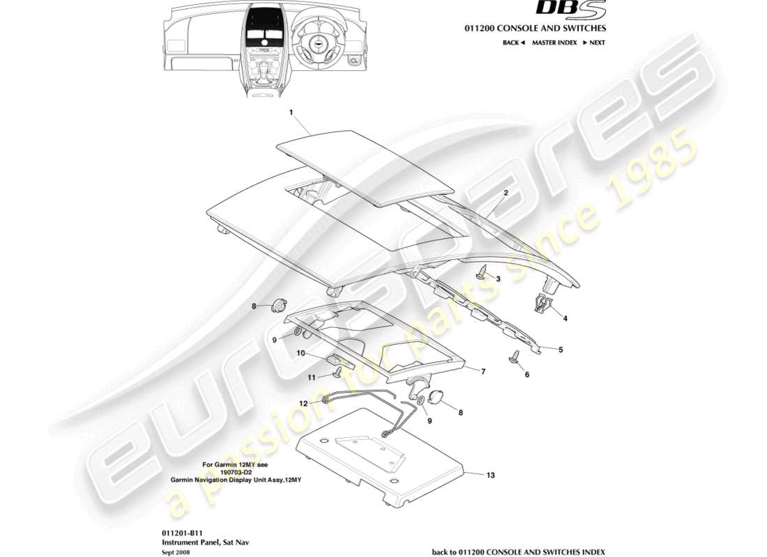 aston martin dbs (2010) panel de instrumentos, navegación por satélite, 09my diagrama de piezas