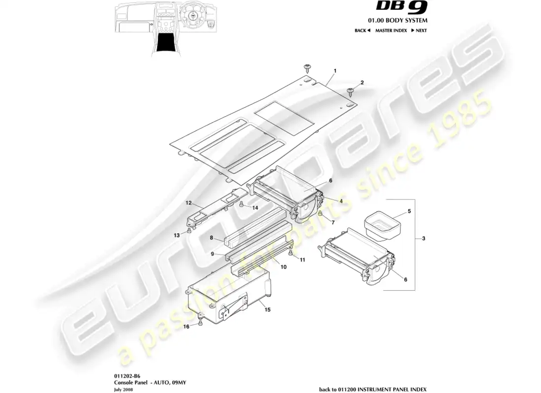 aston martin db9 (2006) consola delantera, automática, 09my diagrama de piezas
