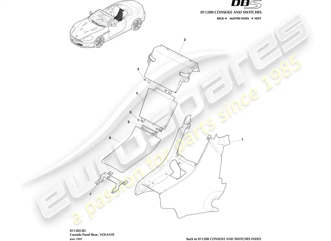 aston martin dbs (2007) rear console, volante diagrama de piezas
