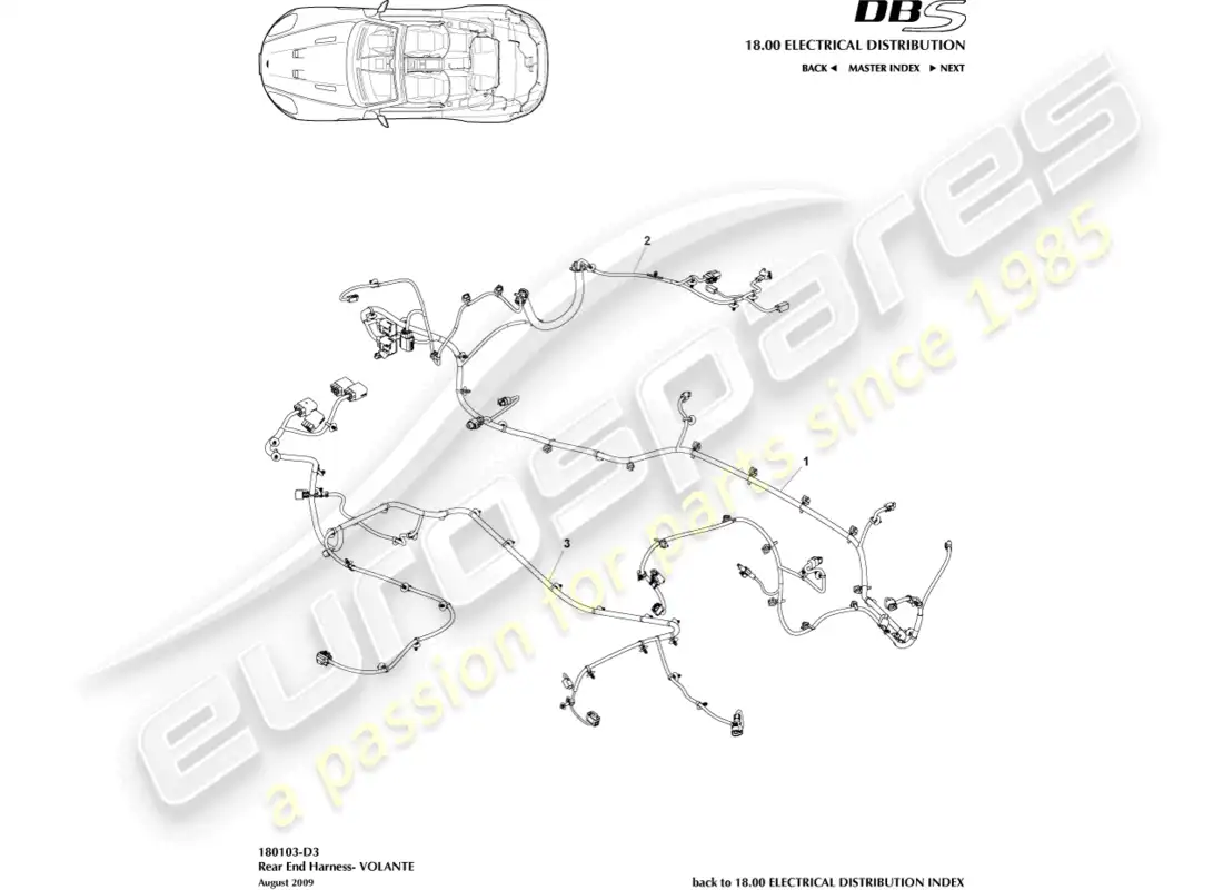 aston martin dbs (2008) arnés trasero, volante diagrama de piezas