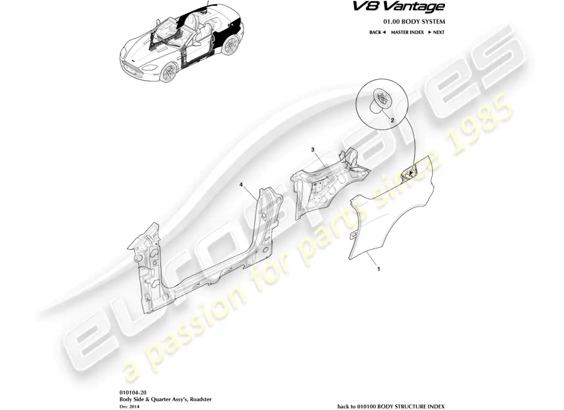 aston martin v8 vantage (2008) panel lateral de la carrocería, diagrama de piezas del roadster