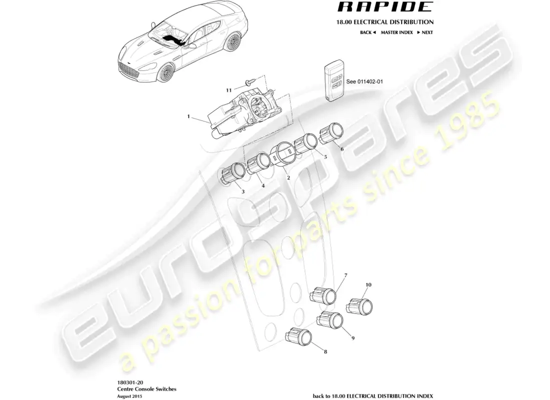 aston martin rapide (2017) interruptores de consola central diagrama de piezas