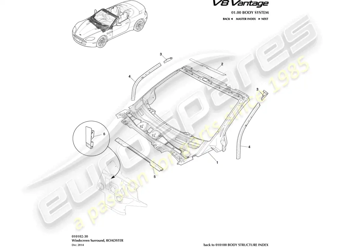aston martin v8 vantage (2008) diagrama de piezas del tablero y capó del cuerpo, roadster