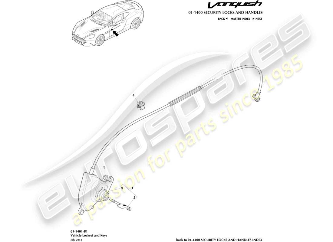 aston martin vanquish (2016) diagrama de piezas del juego de cerraduras y llaves