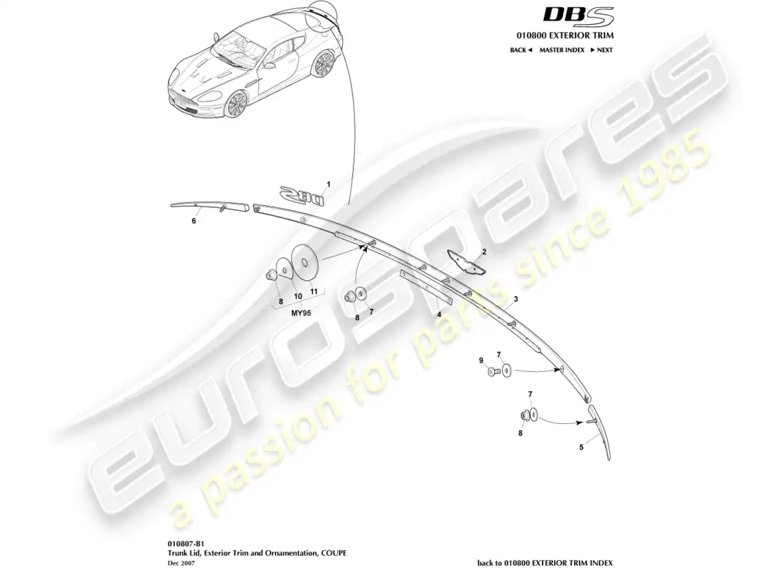 aston martin dbs (2011) embellecedor de tapa de maletero, cupé diagrama de piezas