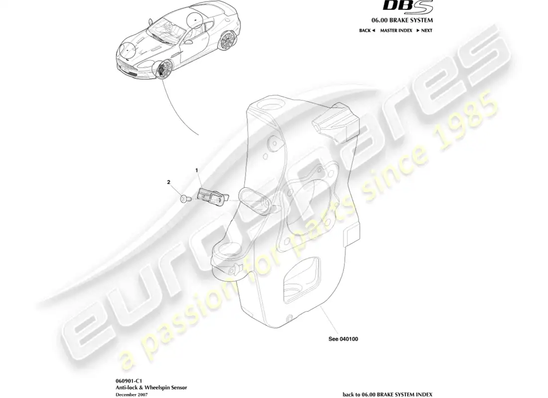 aston martin dbs (2011) sensor de giro de rueda y antibloqueo diagrama de piezas