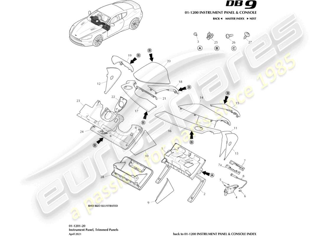 aston martin db9 (2017) paneles recortados ip diagrama de piezas