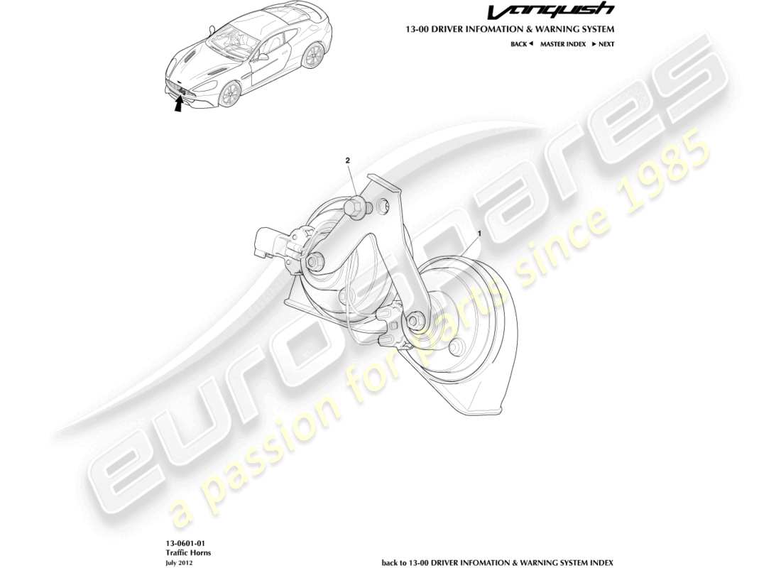 aston martin vanquish (2017) diagrama de piezas de la bocina de tráfico