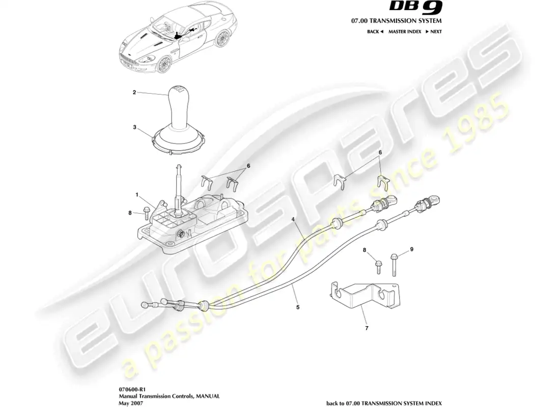 aston martin db9 (2012) conjunto de palanca de cambios, manual diagrama de piezas