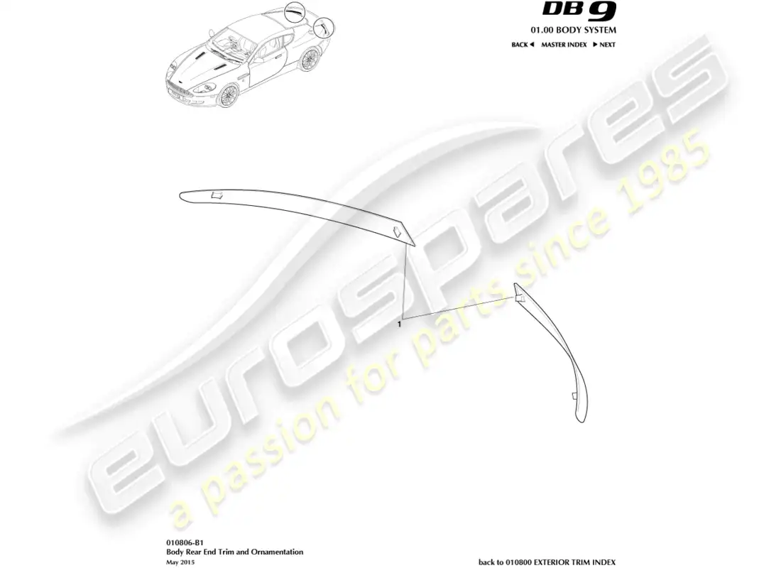 aston martin db9 (2012) diagrama de piezas de moldura del extremo trasero de la carrocería