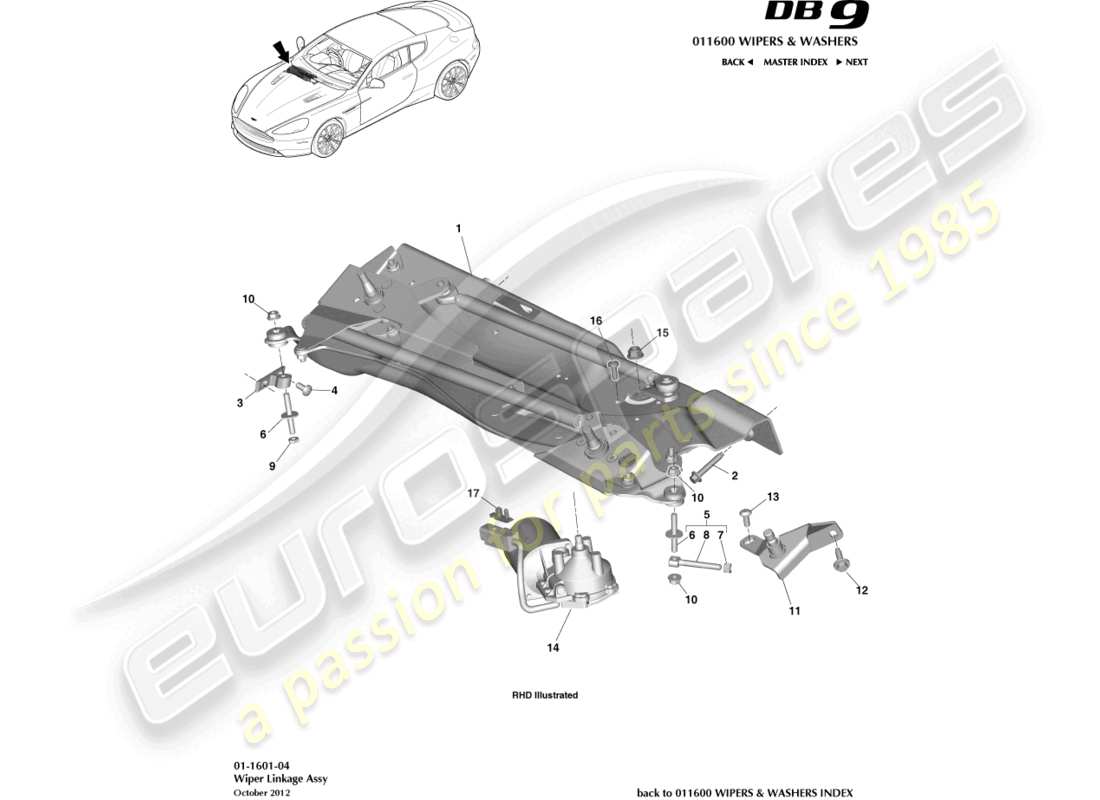 aston martin db9 (2015) diagrama de piezas del varillaje del limpiaparabrisas