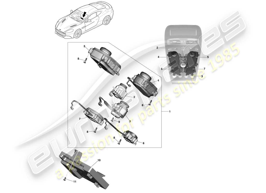 aston martin vanquish (2013) controles de infoentretenimiento diagrama de piezas