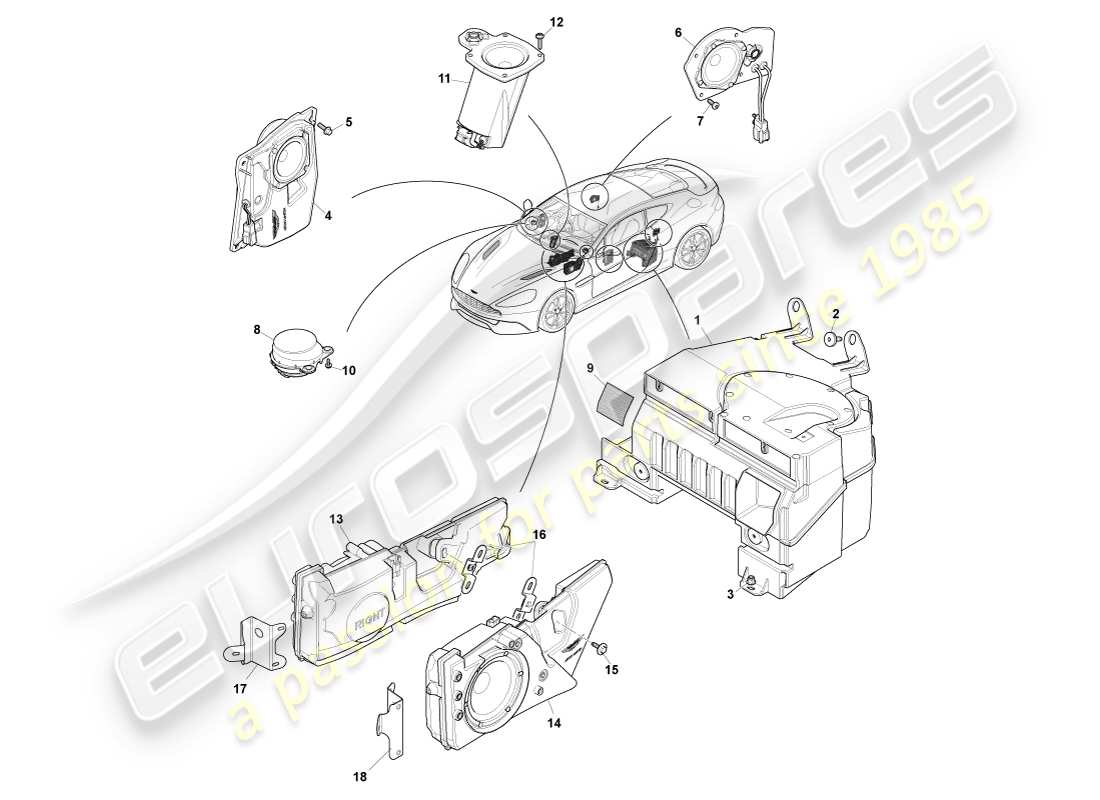 aston martin vanquish (2014) altavoces, diagrama de piezas b&o