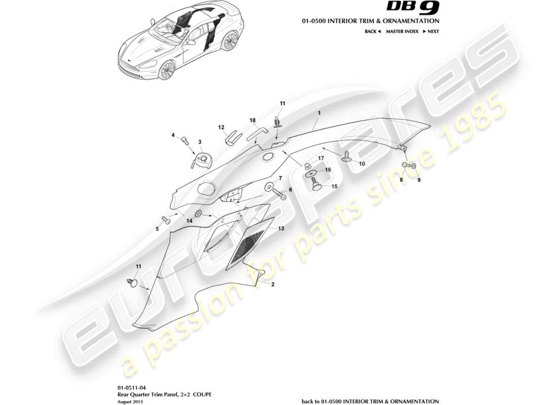aston martin db9 (2015) panel embellecedor del cuarto trasero, 2+2 diagrama de piezas del cupé