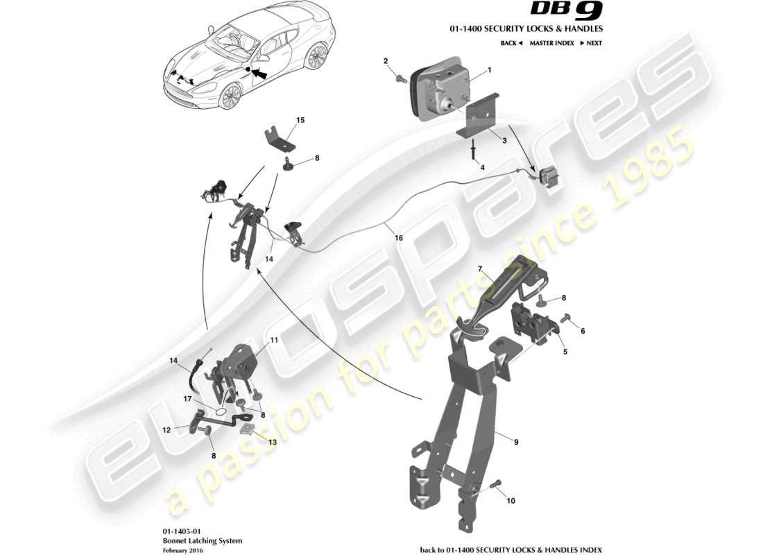 aston martin db9 (2015) diagrama de piezas de accionamiento y pestillo del capó
